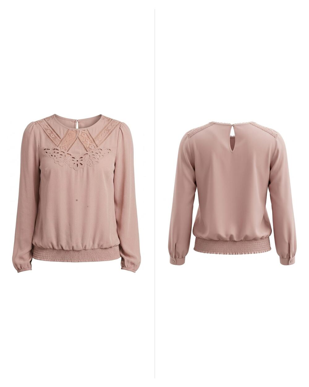 bebe Pink Lace Yoke Cutout Long Sleeve Smocked Hem Blouse Women Size XXS
